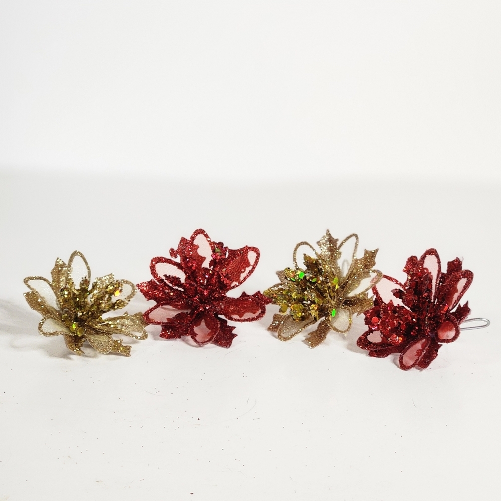 RED AND GOLD GLITTER FLOWER ORNAMENTS SET OF 4 - Picture 4 of 7